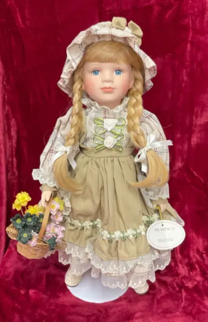 Vintage Porcelain Doll Blonde Hair Plaited Blue  Eyes 16In Michelle With Flowers