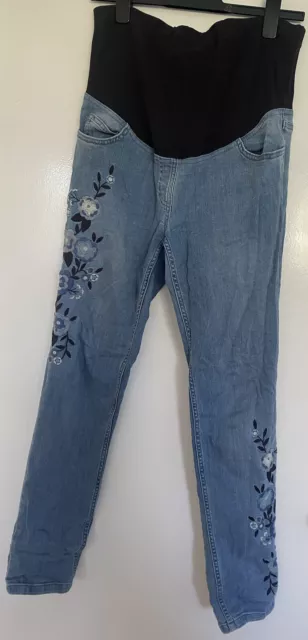 Womens JoJo Maman Bebe Over Bump Maternity Jeans Floral Embroidery Size 10 Demin