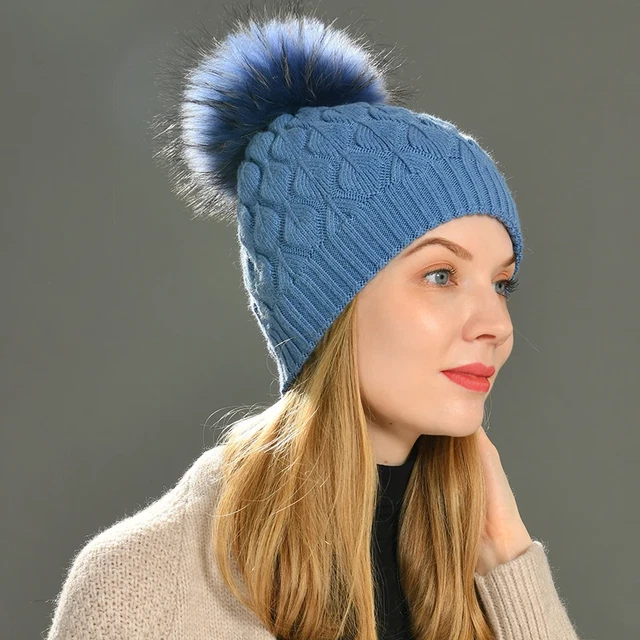 HELENE BERMAN GREY wool hat with fur pompom £25.00 - PicClick UK display picture 1