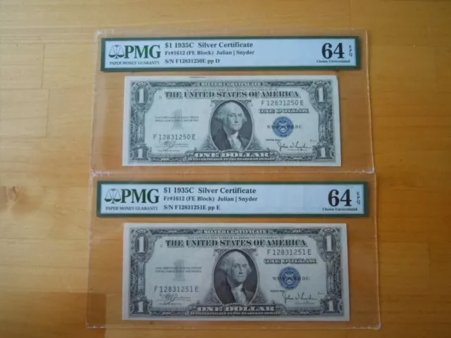 (2) 1935C $1 Consecutive Silver Certificate Notes "NO MOTTO"  PMG Graded 64 EPQ