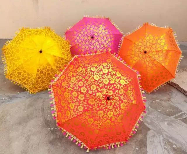 5 Pc Lot Decorative Indian Hand Gold Printed Parasol Vintage Sun Shade Umbrella