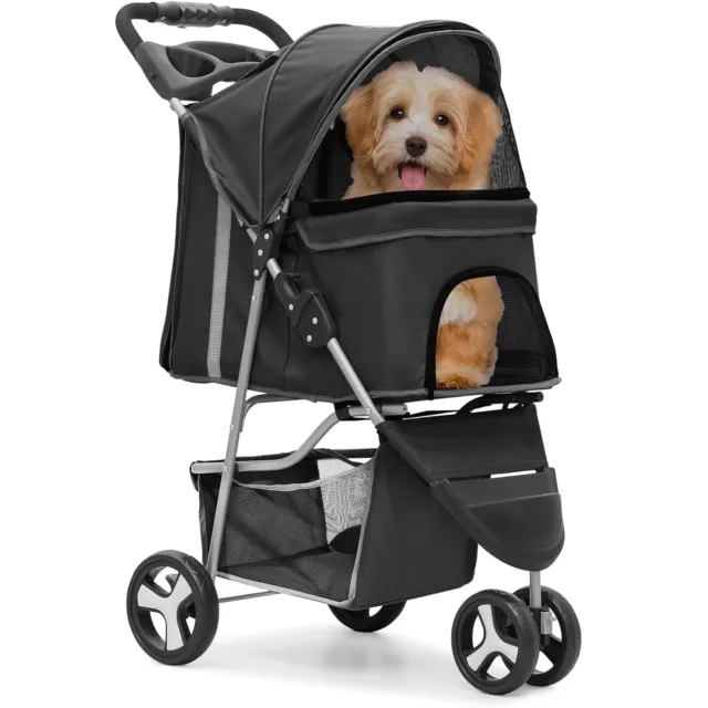 Foldable Pet Stroller for Cats and Dogs 3 Wheels Carrier Cart w/Cup Holder Black