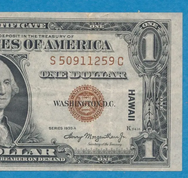 $1.00 1935-A Hawaii Brown Seal  Silver Certificate Original Vf/Xf