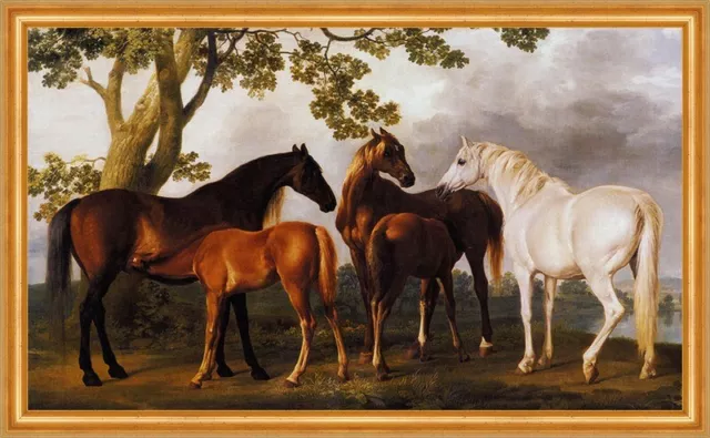 Stuten & Fohlen in Flußlandschaft Alte Meister George Stubbs A3 17 Gerahmt