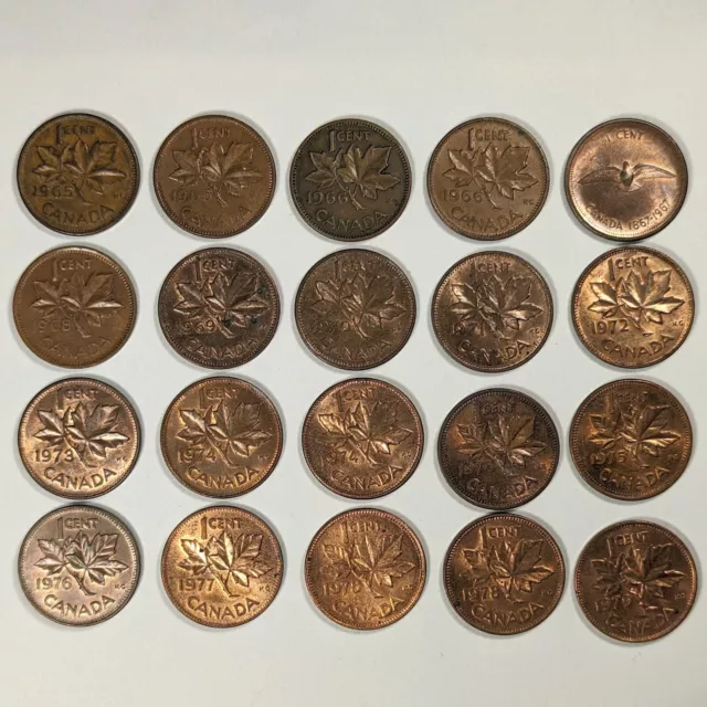 1965 to 1979 Canada Elizabeth 1 cents (Pennies) lot of 20 coins