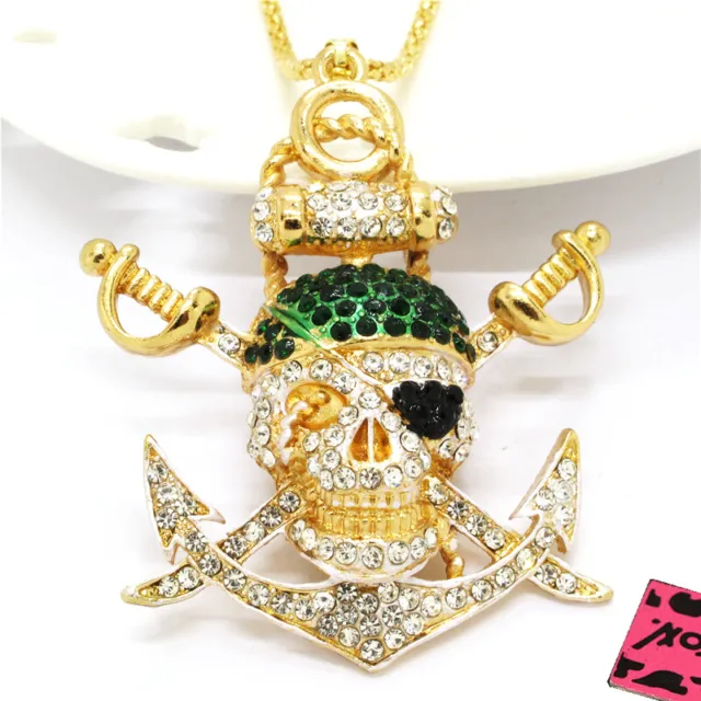 Betsey Johnson Green Cool Pirate Skull Rudder Crystal Pendant Chain Necklace