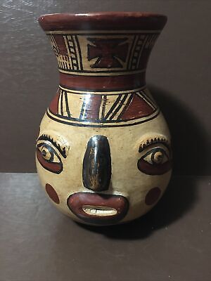 South American Unique Red Clay Antique Hand Painted Face Vase/5 1/2” very Old