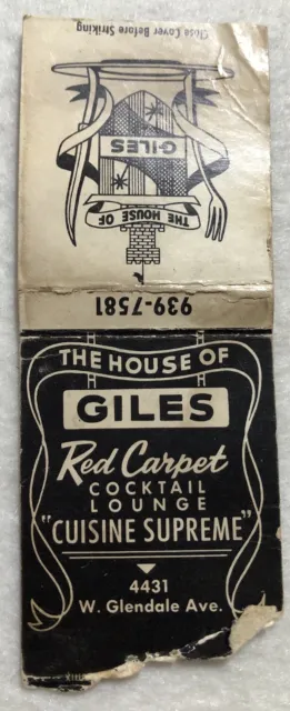The House Of Giles Red Carpet Cocktail Lounge Matchbook Cover