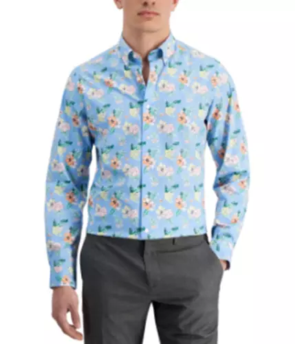 Club Room Mens Tropical Floral Dress Shirt Light/ Blue /Orange Large