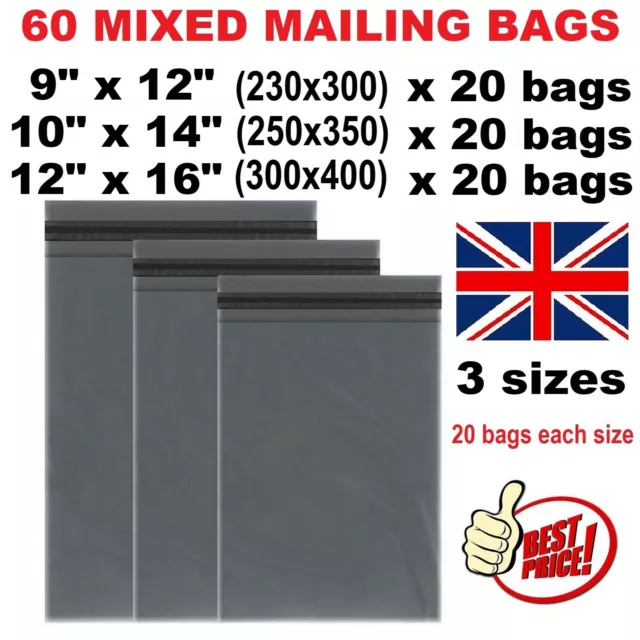 60 Postage Bags Mixed Sizes Mailing Postal Grey Shipping Poly Plastic Parcel Bag