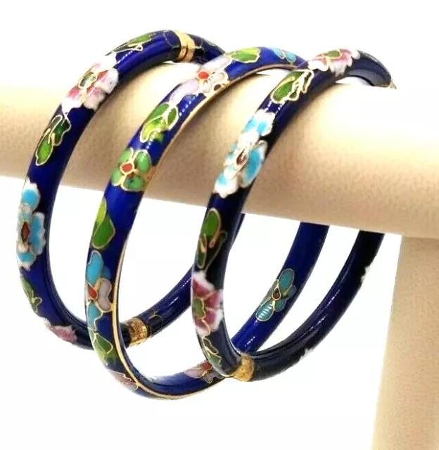 Vintage Asian Set of 3 Blue Floral Gold Trim Hinged  Cloisonné Bangle Bracelets