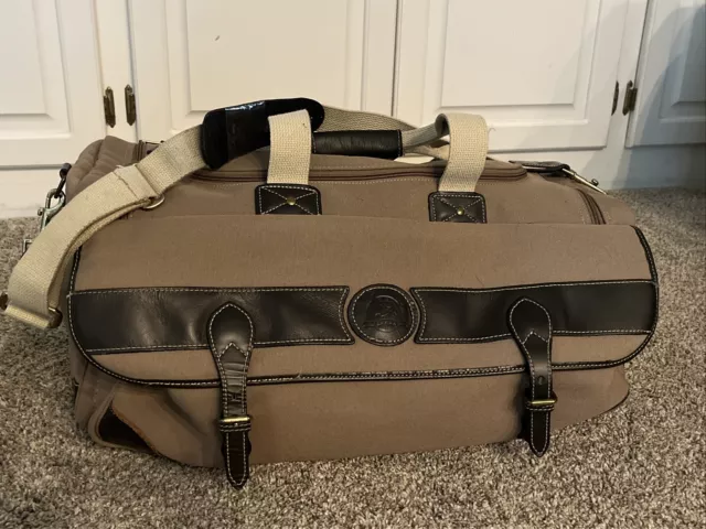 Eddie Bauer Ford Duffle Bag Khaki Tan Canvas Leather 22x14x12 Luggage Overnight