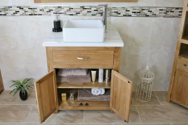 Bathroom Vanity Unit Oak Cabinet Wash Stand White Marble & Ceramic Basin 502