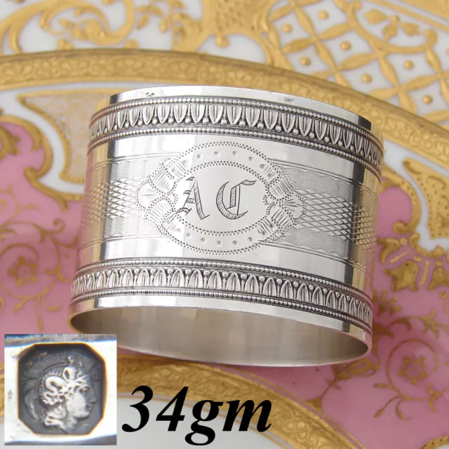 Antique French Sterling Silver Napkin Ring, Guilloche Style Decoration, AT Monog