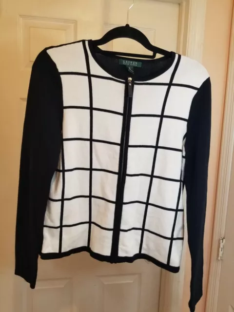 EUC Lauren Ralph Lauren Color Block ( Blue & White) Full Zipper Sweater Size M