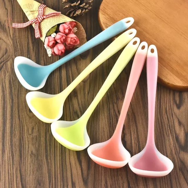 Non-stick Silicone Ladle Soup Spoon Curved Handle Cook Utensils Round Scoop