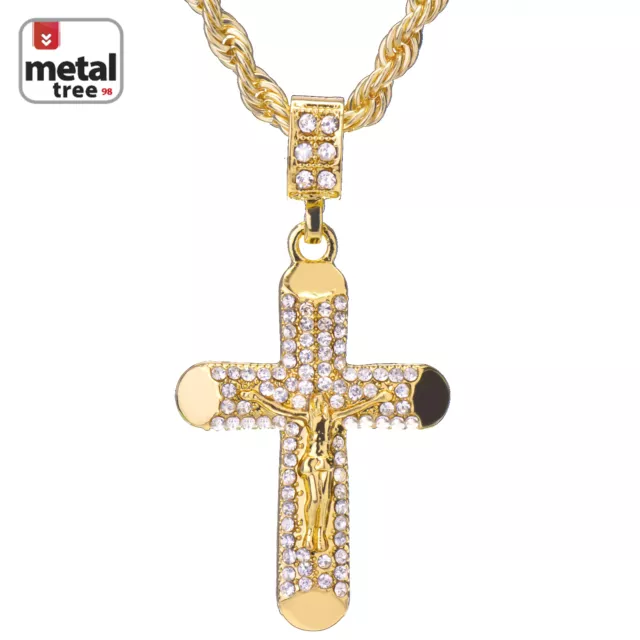 Men's Hip Hop 14K Gold Plated Jesus Cross 24" 4mm Rope Chain Pendant Necklace