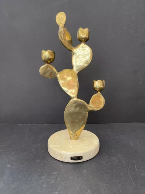 VTG RARE Bijan Mid-Century Flowering Cactus Sculpture- Solid Brass Marble Base