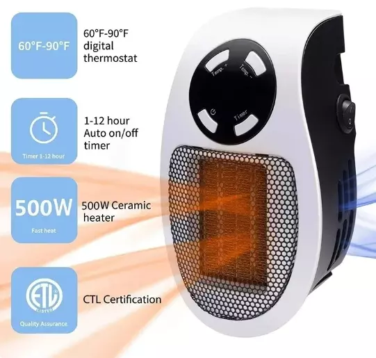 Portable Electric Heater Plug In Wall Space Heater Adjustable Thermostat Remote 2