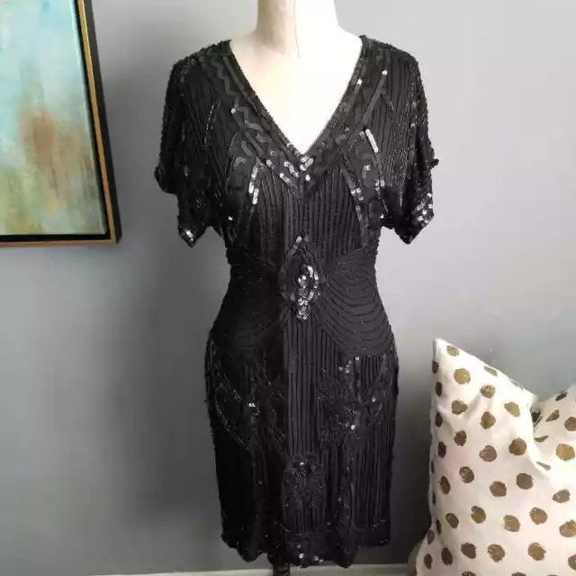 Stenay Black Silk Beaded Sequin Short Sleeve Cocktail Dress Size 7