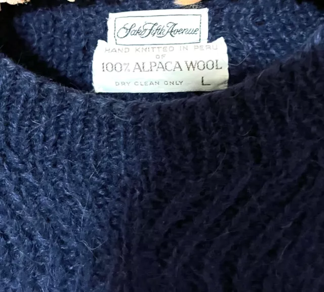 Hand Knit 100% Alpaca Fisherman Crew Sweater Saks Indigo Blue Peru L