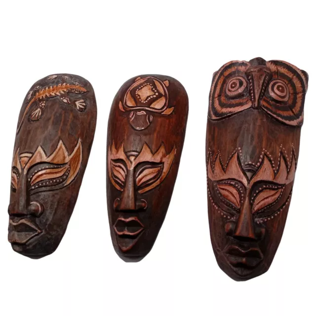 Turtle Lizard Owl Wall Decor Set 3 Hanger African Wood Masks 8 inch Tribal