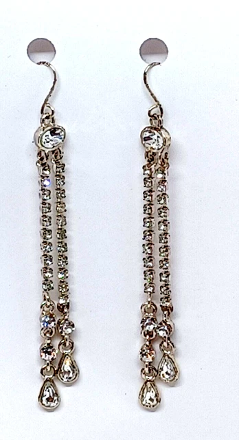Waterfall Earrings Silver Tone Rhinestone Tear Drop Dainty Elegant Sparkle Hook