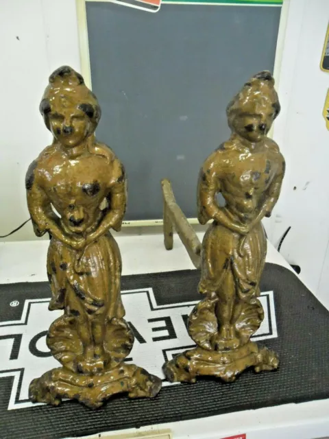 Vintage Fireplace Andirons 18Th/19Th Century 17" Tall Forged Cast Iron Set