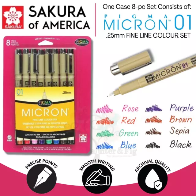 Sakura Pigma Micron 01 Ink Pen Set, 0.25mm Multicoloured, 8 Pack, Genuine