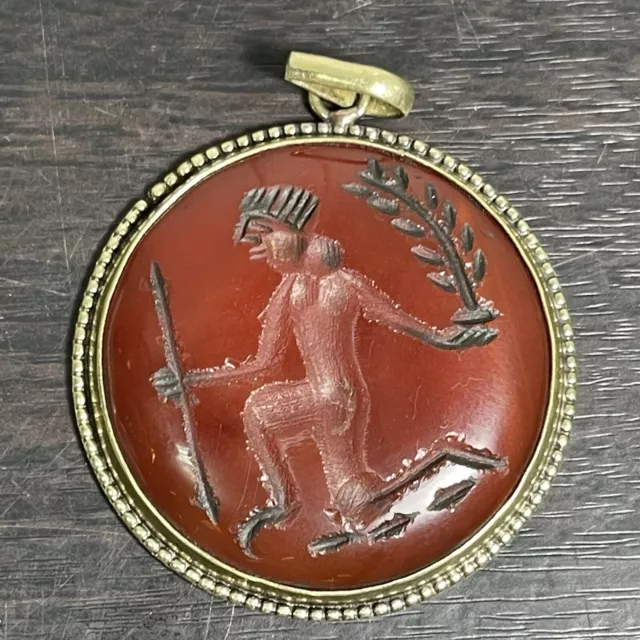 Roman Style Carnelian Agate Intaglio Warrior Brass Beautiful Amulet Pendant