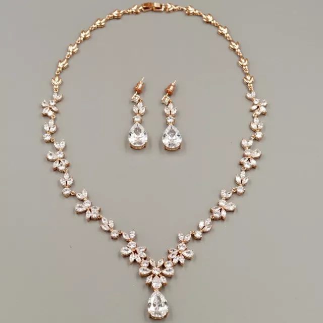 Rose Gold Plated Zirconia CZ Necklace Earrings Bridal Wedding Jewelry Set 00668