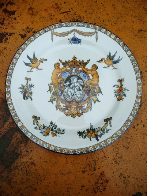 ASSIETTE PLATE ANCIENNE de couleur bleu signé GIEN décor CACTUS 19 ème