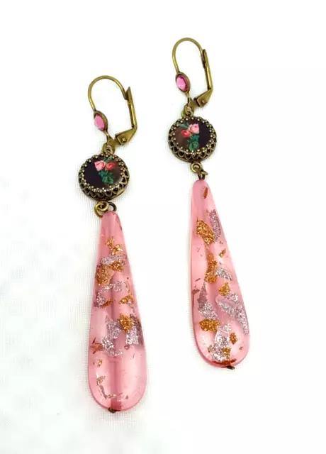 Lovely Michal Negrin Long Earrings Enamel Painting With Flowers