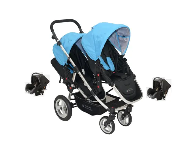 Passeggino Trio Doppio / Gemellare Blu Con Sedile Auto Per Bambini Poussette