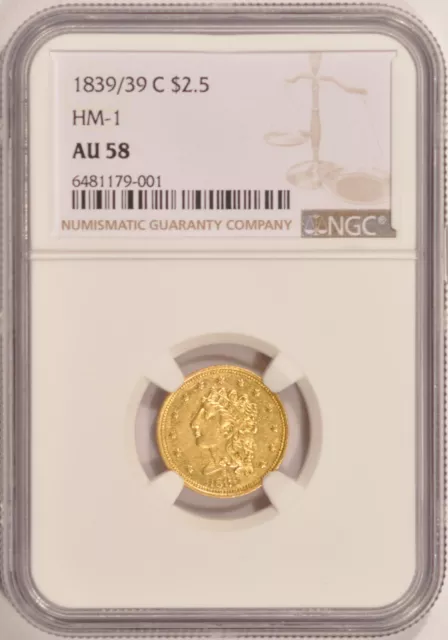 1839/39-C HM-1 $2.50 Classic Head Gold Coin NGC AU58 Charlotte Mint Pre-1933