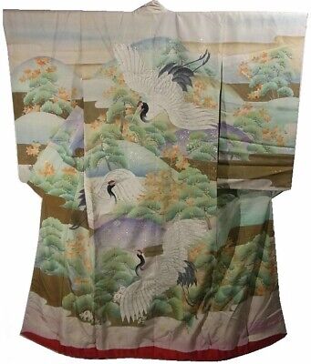 Vintage Taisho-Era Tsuru Crane Embroidered White Silk Wedding Kimono Uchikake