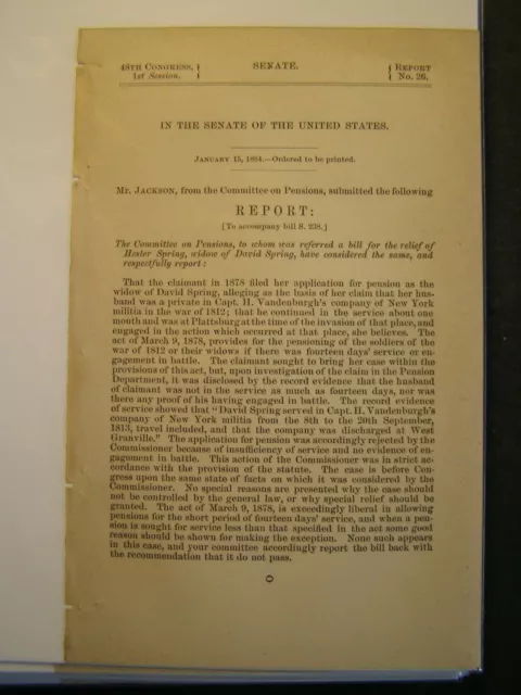 Government Report 1884 Relief of David Spring Private Co H NY Militia in 1812