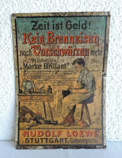 alt Blechschild Schuster Loewe Stuttgart Wachstinte "Marke Brillant" Litho ~1900