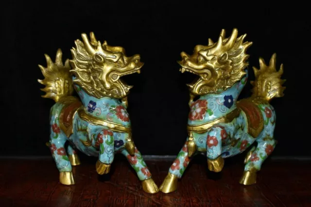8" pair Exquisite Chinese old antique bronze Cloisonne unicorn statue