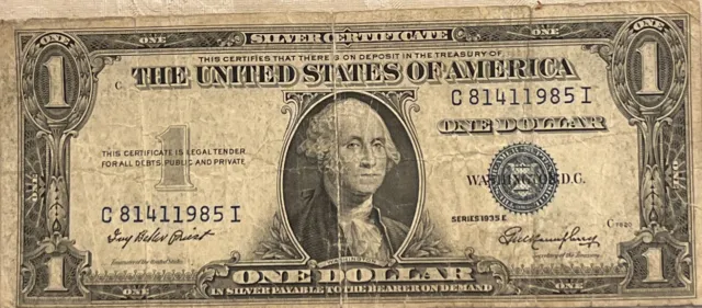 1935 Series E One Dollar Blue Seal Note Silver Certificate Old US Bill $1 Money 3