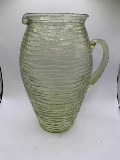 Ripple Pattern Glass Pitcher - Unusual Large Ribbed Yellow Light Green Glass