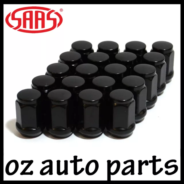 SAAS Black Wheel Nuts Flat Head Bulge Set of 20 - 12 x 1.50 35MM 60Deg Tyre Lug