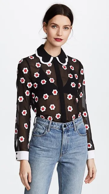 NWT Alice Olivia Willa Floral Embellished Collar Top Blouse black red S 2 4 6