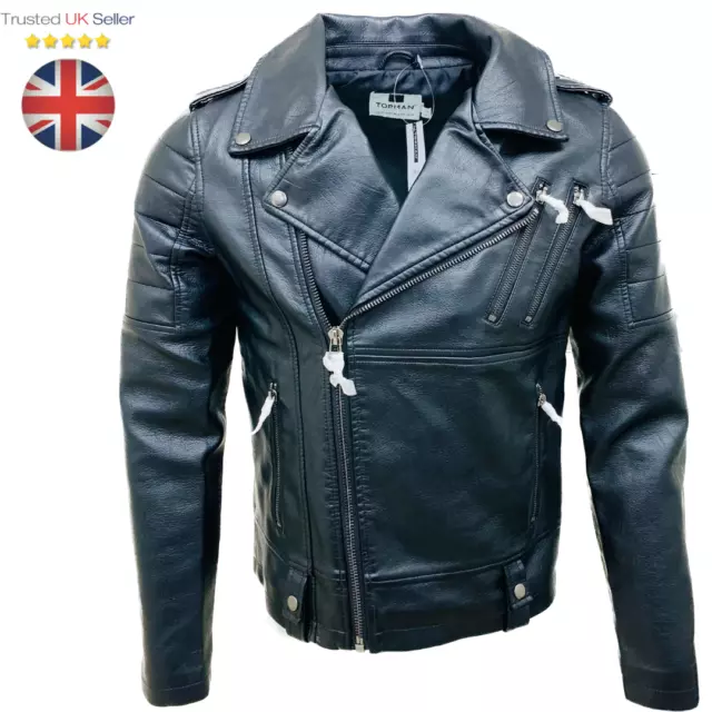 Mens New Topman Faux Leather Jacket Long Sleeve Biker Jacket Warm Jacket Zip 2