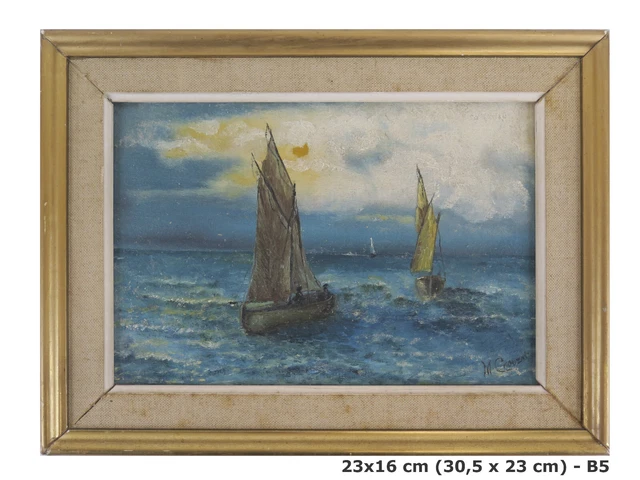Tableau à L'huile Marine Signé T. Muller - Représente Des Bateaux, Dimensions 21x40 Cm, Bon état