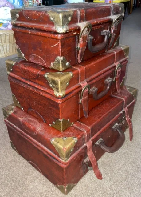3 Vintage Wooden Nesting Trunk Steamer Suitcases Replica Travel Trunks Display !