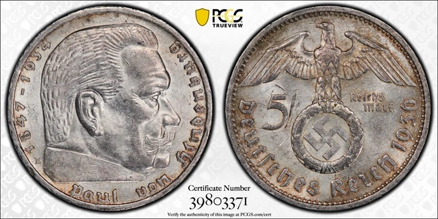 1936 E Germany Nazi Third Reich 5 Mark Silver Coin - PCGS MS 61