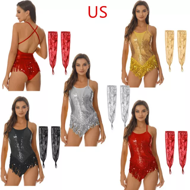 US Womens Outfit Party Leotard Dance Bodysuit Fringed Set Tassels Costume Latin