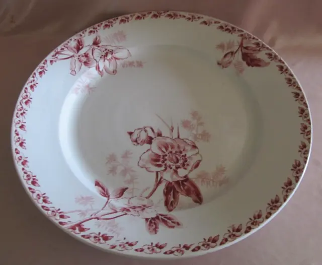 Plato De Servicio Antiguo Loza Blanco con Decoración Flores Anemones Rojo