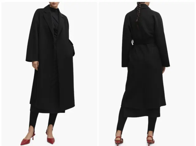 $229 Mango Women's Belted Wool-Blend Coat Size  Small Black NEW
